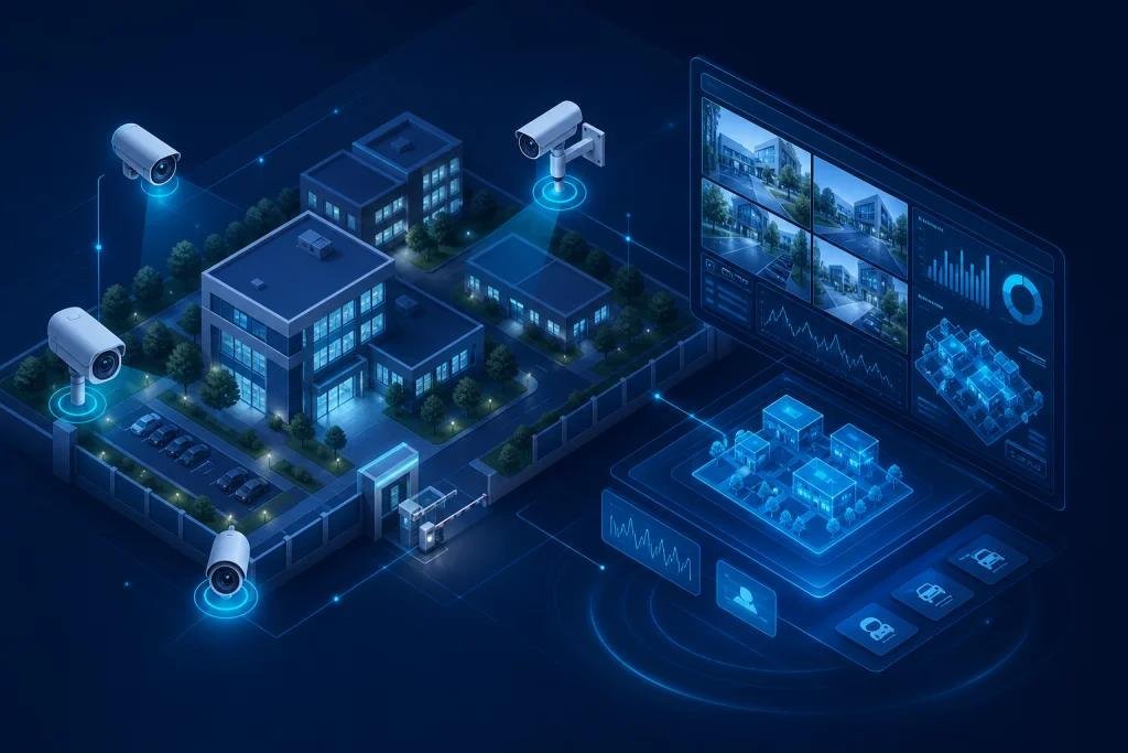 Site-wide surveillance: perimeter cameras feeding a central monitoring wall